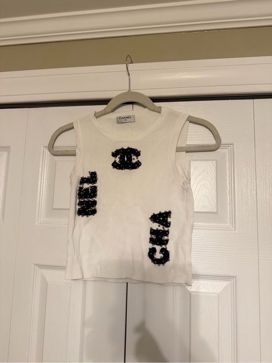 CHANEL Tops - CHANEL White Girls' Embellished Logo Tank Top with Black Bead Detail